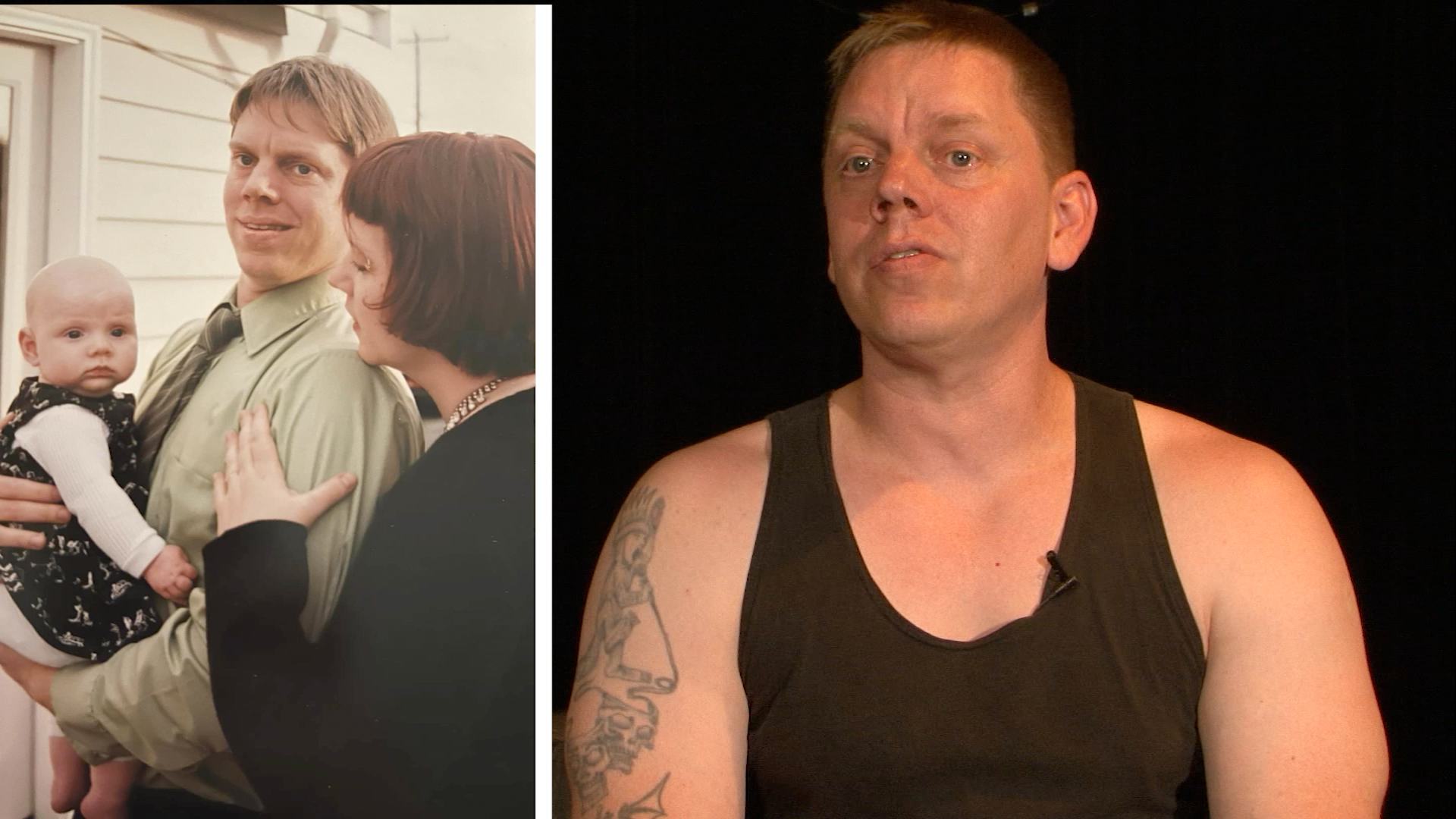 A split image featuring a family portrait on the left, showing a man holding a baby with a woman beside them, and on the right, the same man in a sleeveless shirt speaking directly to the camera.